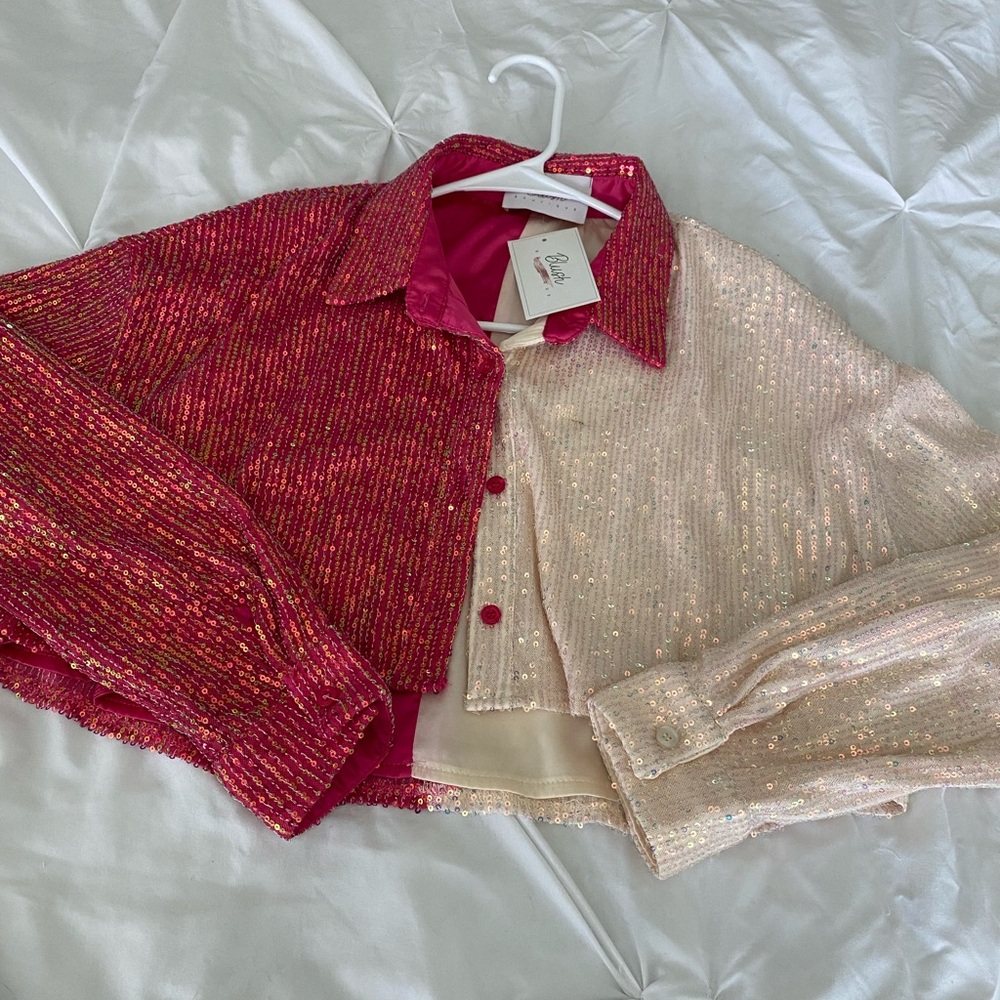 Blush Boutique Sequin Button up Top in Pink and Cream - Picture 2 of 7